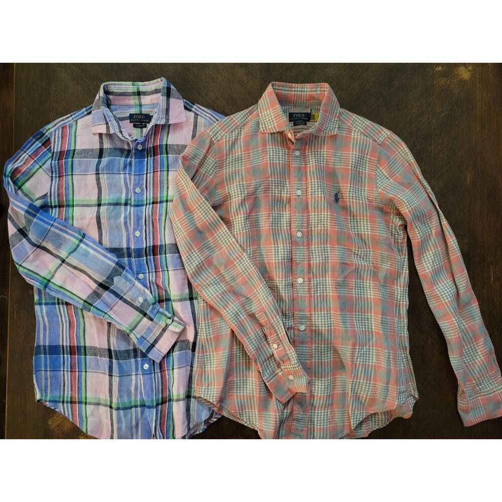 Polo Ralph Lauren Linen Shirt Lot of 2 Mens Small Plaid Classic Fit Button Up
